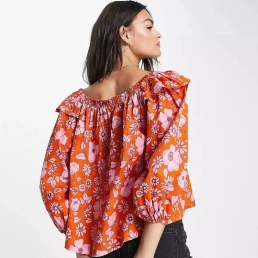 FREE PEOPLE Miss Daisy Floral Off Shoulder Top Ruffle Puff Sleeve Heat Wave Sz M